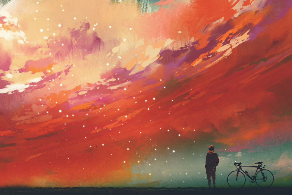 man with bicycle standiing against red clouds in the sky,illustration,digital painting