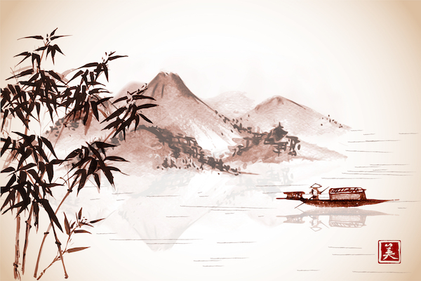 Fishing boat and island with mountains on vintage background. Traditional oriental ink painting sumi-e, u-sin, go-hua. Contains hieroglyphs - eternity, freedom, happiness, beauty