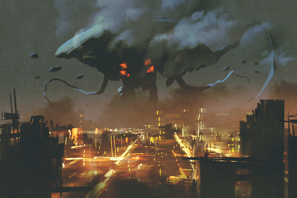 sci-fi scene,Alien monster invading night cityillustation paining