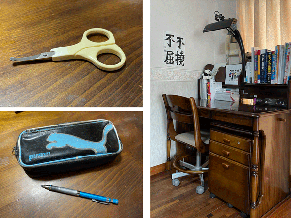 沢田蒼梧さんの爪切り、ペンケースとシャープペンシル、机
